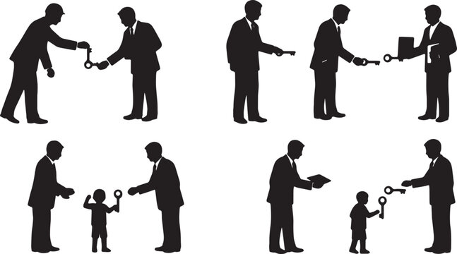 Black Solid Executive Director Handing Golden Key Silhouettes Set of Six on White Background