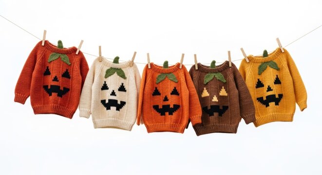 Halloween Pumpkin Sweaters Hanging on Clothesline - Festive Fall Fashion.