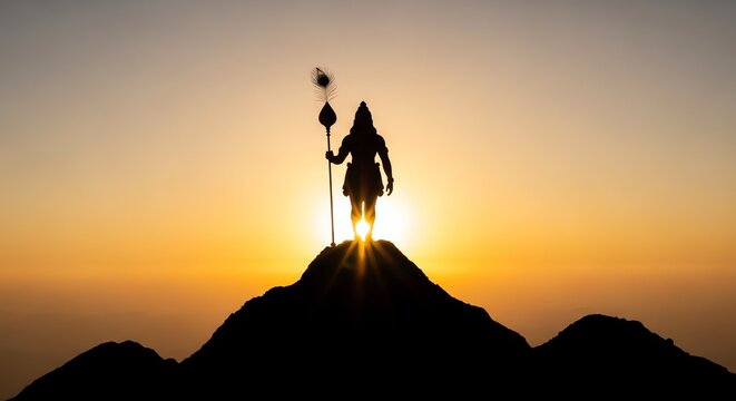 Silhouette of a divine Hindu deity, likely Murugan, holding a sacred Vel spear on a mountain peak at sunrise.