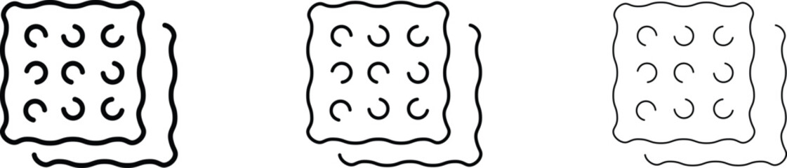 Fototapeta premium Minimalist cracker icon set, black line art biscuit vector illustration, simple square cookie symbols for food packaging and menu design