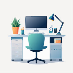 Fototapeta premium Modern home office setup with desktop computer, ergonomic chair and desk lamp