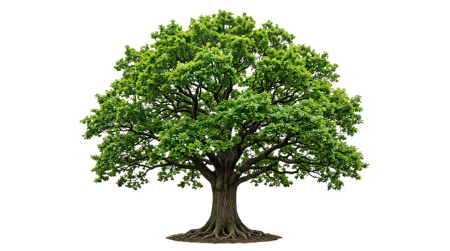 Large green oak tree with dense foliage isolated on transparent background