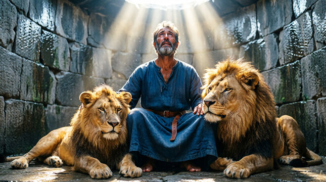 Daniel finds divine light and peace among lions in faithful prayer.
