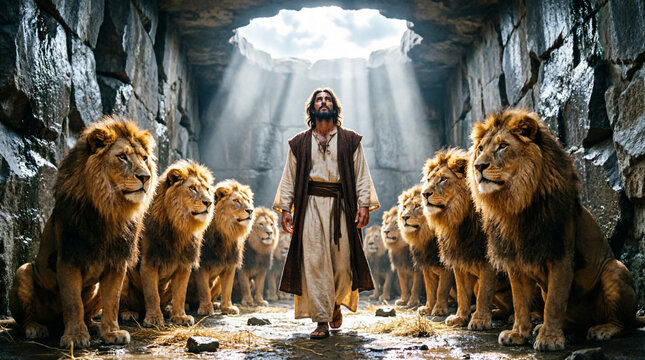 Daniel finds divine light and peace among lions in faithful prayer.