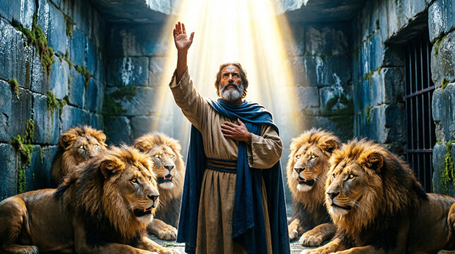 Daniel finds divine light and peace among lions in faithful prayer.