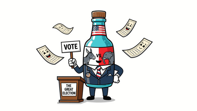 A cartoon illustration of a kawaii bottle character in a suit holding a 'VOTE' sign next to a ballot box with scattered papers around, on a clean white background.