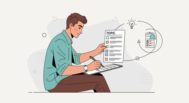 Man writing on clipboard, planning topics and ideas with checklist and lightbulb icon