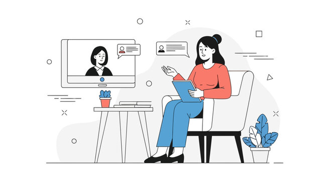 Online therapy session: woman talking to therapist via video call on laptop