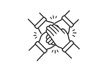 Obraz premium Teamwork and collaboration line art icon showing four hands joined together in a circle, representing unity, partnership, mutual support, and community cooperation for business success and goals.
