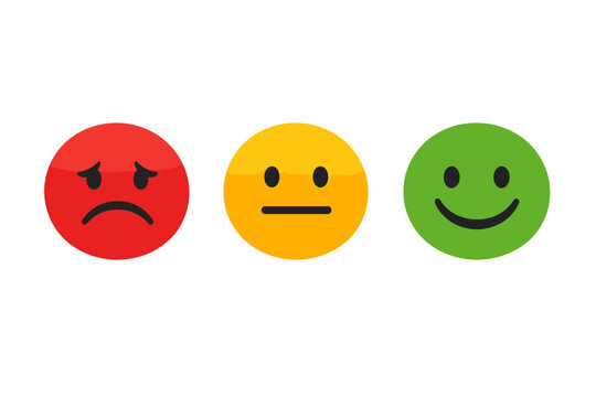 Customer Satisfaction Rating Scale with Sad Red, Neutral Yellow, and Happy Green Smiley Faces. Vector Illustration of Feedback Icons for User Experience, Service Evaluation, and Survey Data.
