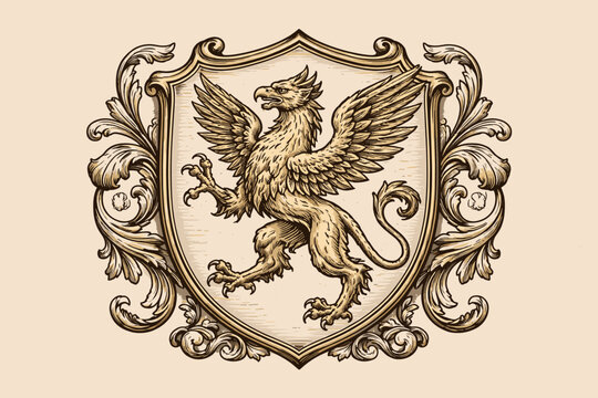 Vintage Heraldic Griffin Illustration for Coat of Arms Design, Hand Drawn Engraved Mythical Creature with Wings and Eagle Head on Ornate Shield, Classical Woodcut Style Vector Graphic Element.