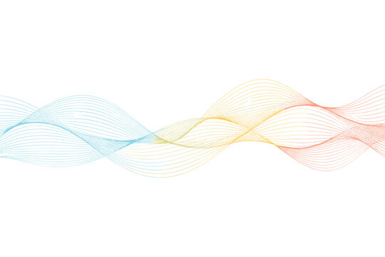 Abstract Colorful Wave Pattern with Thin Curved Lines in a Gradient of Blue, Yellow, and Pink on a White Background. Minimalist Vector Illustration for Modern Technology and Digital Design.