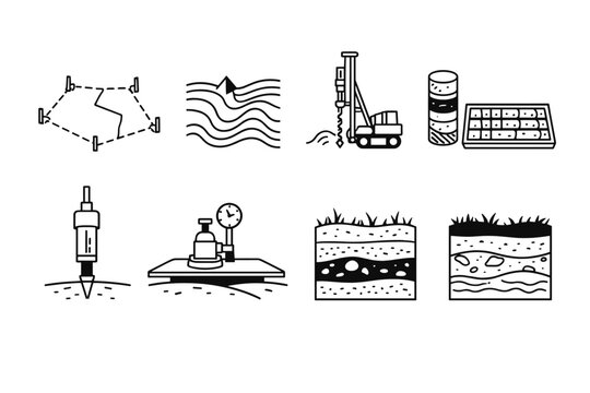Geotechnical Engineering and Site Survey Line Icon Set Featuring Boundary Plot, Topographic Contours, Drilling Rig, Soil Core Samples, Penetrometer Test, Plate Load Gauge, and Geological Stratigraphy.