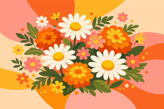 Retro 70s Groovy Floral Poster Illustration with Spring Daisy and Marigold Flowers in Orange, Pink, and Yellow Colors, Modern Abstract Wavy Background Vector Art for Greeting Cards and Decor.