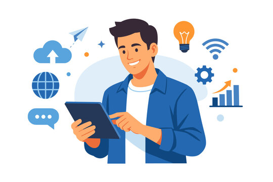 Smiling Young Man Using a Digital Tablet with Icons for Cloud Computing, Global Connectivity, Innovation, and Business Growth. Flat Vector Illustration Isolated on a White Background.