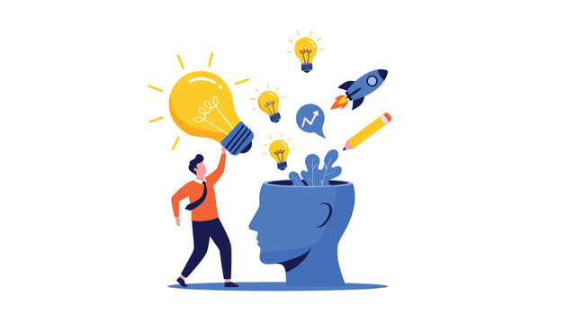 Creative thinker holding bright lightbulb over giant head with flying icons representing innovation, startup, and artistic ideas.