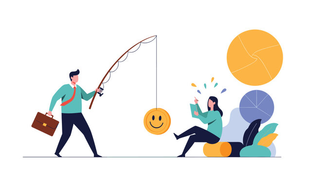 Businessman using fishing rod to catch happy face coin held by woman representing customer satisfaction and positive engagement.