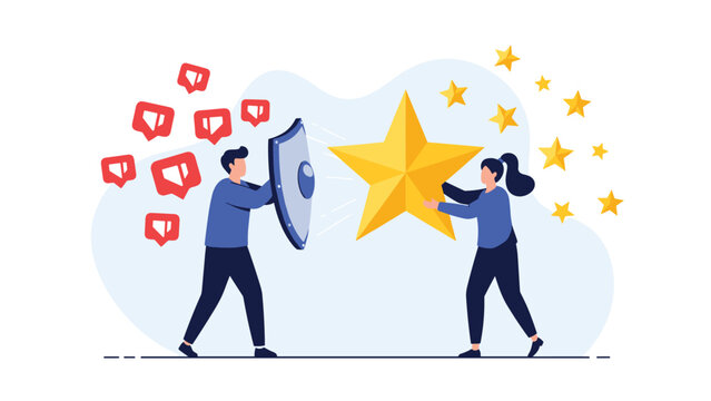 Dedicated team protecting business reputation star with shield from negative social media feedback and online criticism.