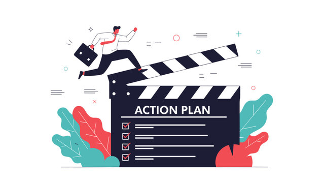 Motivated businessman jumping from giant clapperboard to start action plan and execute project goals with strategic checklist.