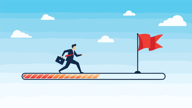 Determined businessman running along progress loading bar to reach the final red flag goal for successful project completion.