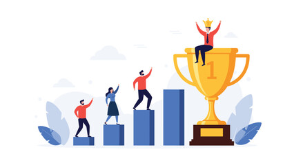 Fototapeta premium Team of professionals climbing blocks arranged as stairs to reach a giant golden trophy represents collective effort and career success.