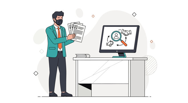 Recruitment concept: Man with CVs and computer showing hiring process icons