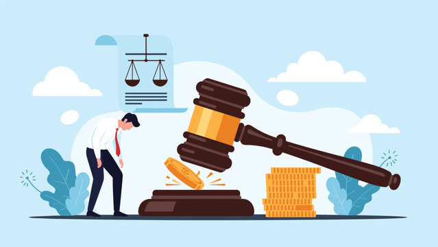 Defeated businessman standing next to a giant judge's gavel and stacks of coins represents legal battles, bankruptcy, or financial lawsuits.