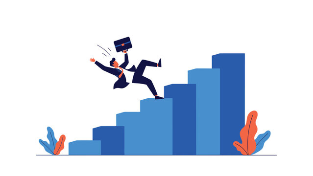 Businessman in a suit losing his balance and falling backward down a set of blue bar charts that look like stairs.