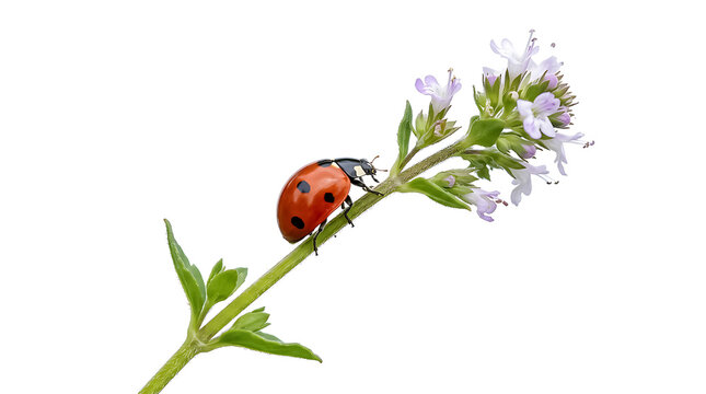 Seven-spot ladybug (Coccinella septempunctata) climbing on a blooming flower stem isolated on white background