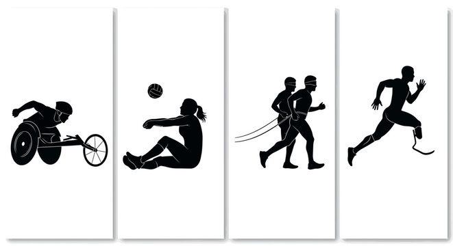 Paralympic athletes in various sports actions vector silhouettes