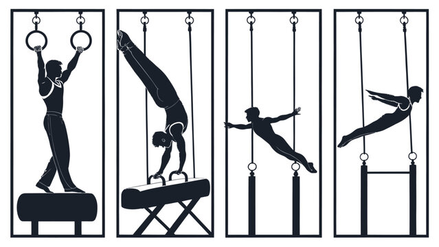 Gymnastics silhouettes athletes performing on rings pommel horse and uneven bars in black and white