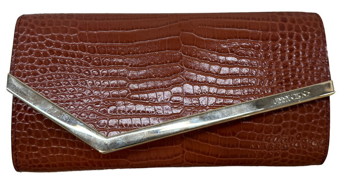 Jimmy Choo Emmie clutch bag in brown croc-embossed leather. 