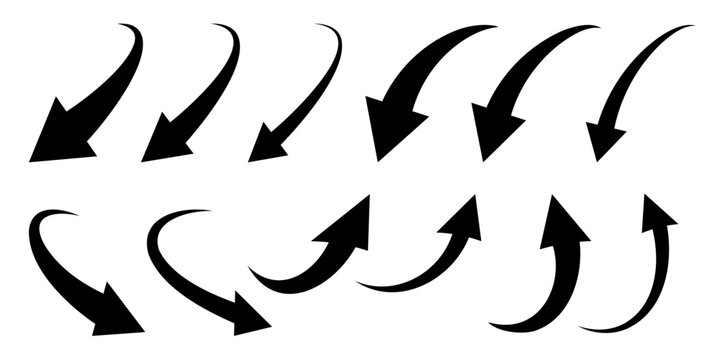 シンプルな曲線矢印のセット（モノクローム）