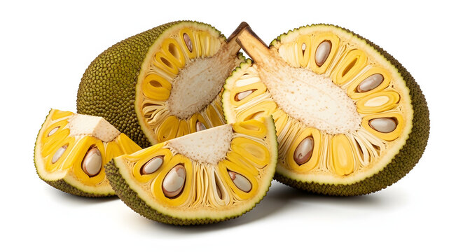 Ripe sliced jackfruit showing sweet yellow pods isolated on a white background. Fresh tropical fruit for design
