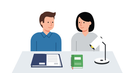 Fototapeta premium A man and a woman sit side-by-side at a desk with an open book, a green notebook, and a lamp, suggesting a collaborative study or work session.