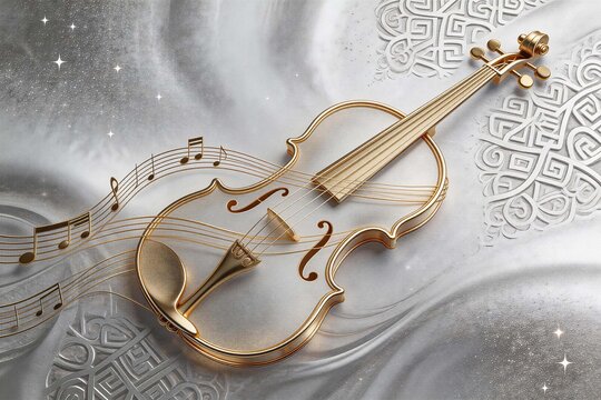 Golden violin with musical notes