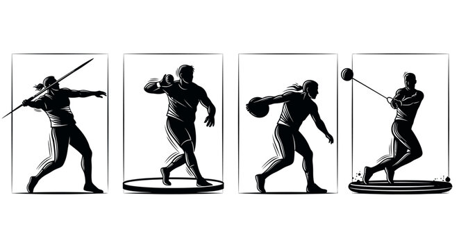 Athlete throwing javelin shot put discus and hammer in motion black silhouette vector illustrations
