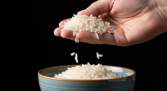 White rice grains falling from hand into ceramic bowl - beras 