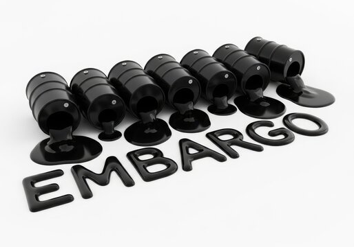 3D rendered embargo stamp with metal text and rubber seals on white background