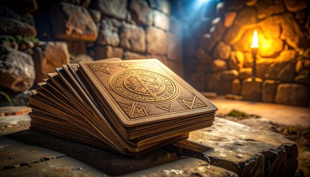 Ancient mystic tarot cards with embossed symbols stacked in a stone chamber, illuminated by warm light