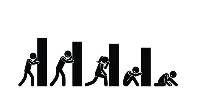Stick figures illustrating a progression of overwhelming pressure and mental health decline leading to despair