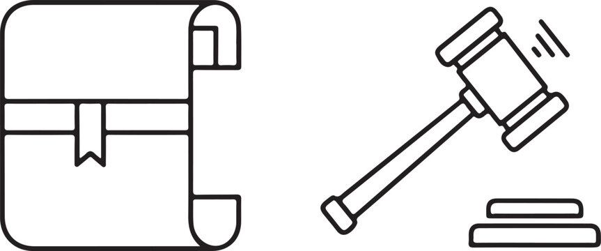 Justice and Law icons with scroll and gavel during legal proceedings Isolated on white background