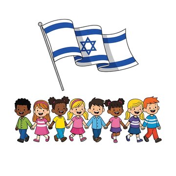 Children of different races holding hands under israeli flags