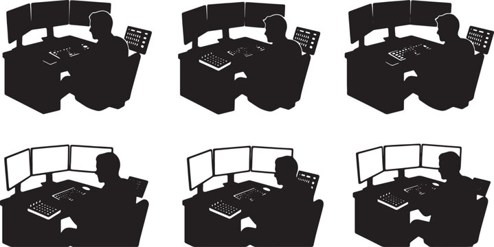 Black Solid Day Trader Multi Monitor Livestream Silhouettes Set of Six on White Background