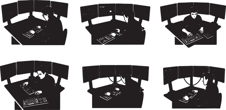 Black Solid Day Trader Multi Monitor Livestream Silhouettes Set of Six on White Background