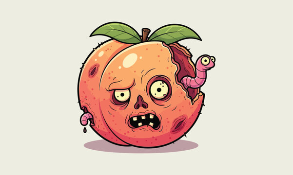 Cartoon zombie peach a whimsical illustration of a rotting fruit character with a playful spooky design
