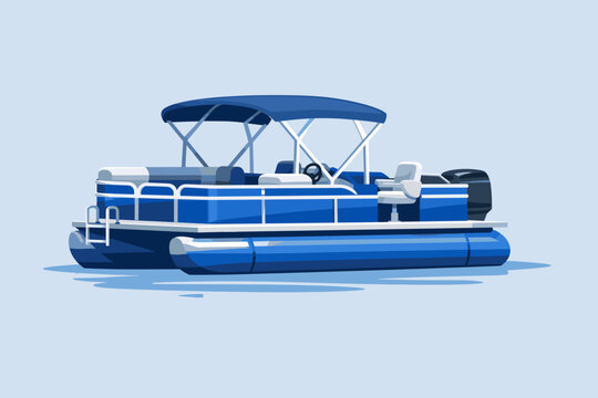 Blue Pontoon Boat Vector Illustration in Modern Flat Design Style; Sleek Watercraft with Canopy, Outboard Motor, and Boarding Ladder for Summer Recreation, Lake Travel, and Nautical Leisure Graphics.