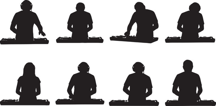 Black Solid DJ Equipment Reviewer Mixer Scratching Silhouettes Set of Six on White Background
