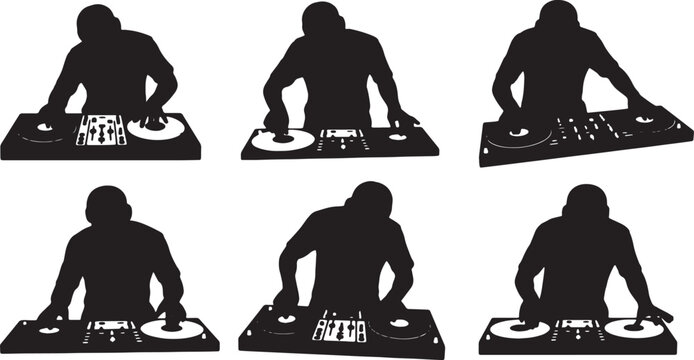 Black Solid DJ Equipment Reviewer Mixer Scratching Silhouettes Set of Six on White Background