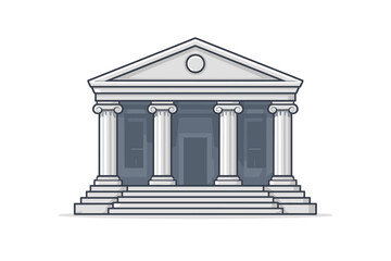 Obraz premium Classical Government Building Icon or Courthouse Vector Illustration Isolated on White. Features Greek or Roman Architecture with Ionic Columns, a Triangular Pediment, and Wide Stone Steps.